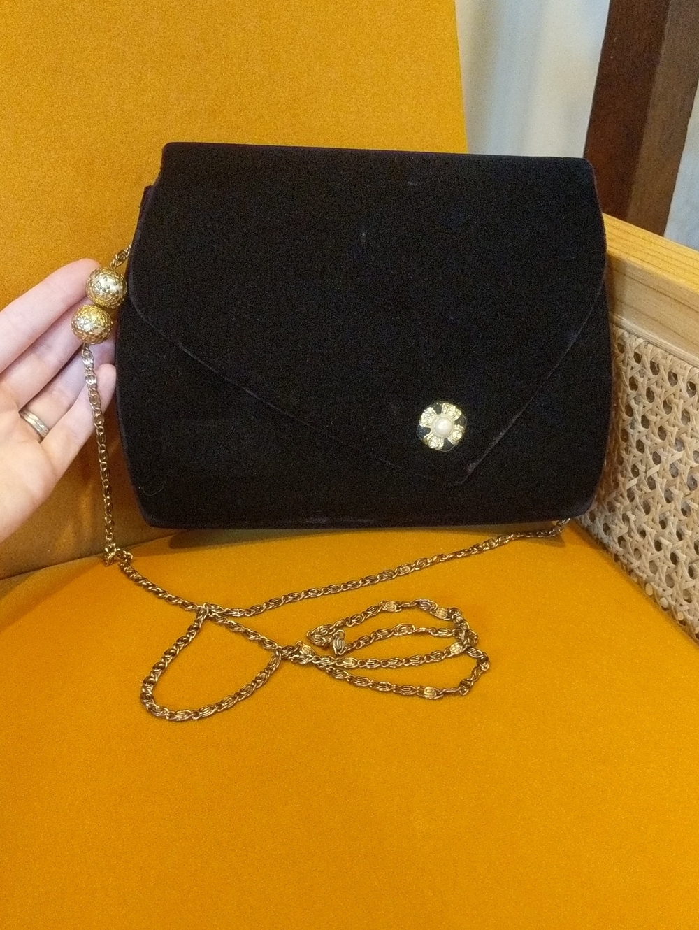 Vintage 1980s Black Velvet Evening Bag Gold Chain Clasp Cocktail Purse